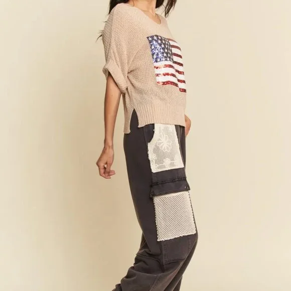 Davi & Dani Sequin‎ American Flag Patch Short Sleeve Knit Top - Picture 9 of 10